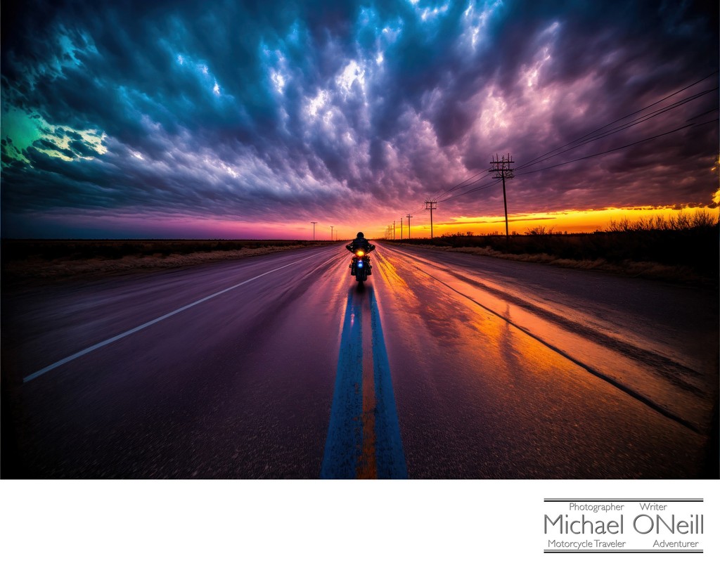 Computer-Generated Image Of A Lone Motorcyclist TRaveling Down A Vanishing Point Road Towards A Spectacular Sunset