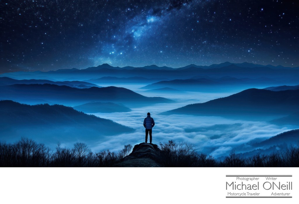 Alone With My Thoughts • AI Created Image Of A Man Overlooking A Fantasy Mountain Range At Twilight