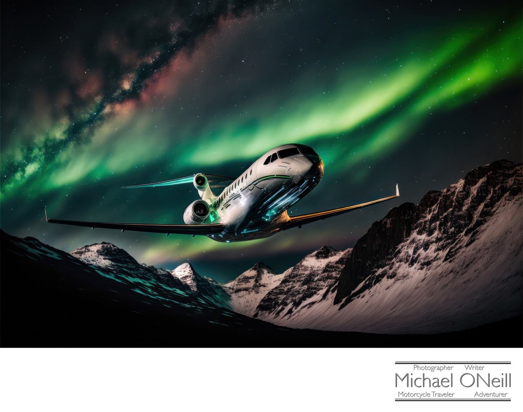Night Flight • A Private Jet Flies Over Arctic Mountains During An Aurora Borealis (Northern Lights) Event