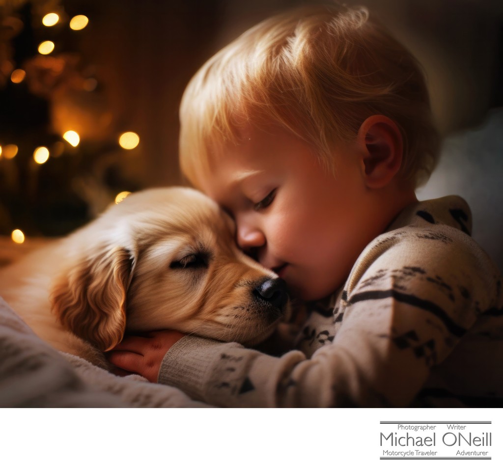 The Perfect Christmas Present • A Young Boy Embraces His Golden Retriever Puppy