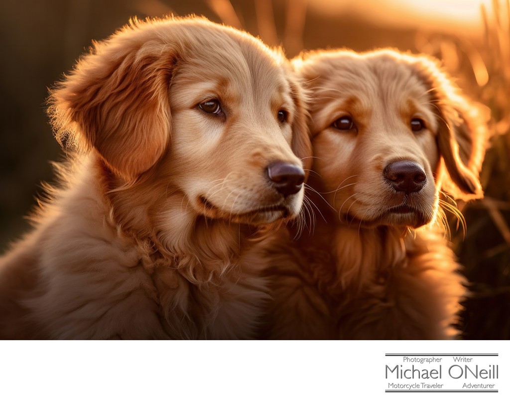 A Pair Of Adorable Golden Retriever Puppies Enjoy The Warmth Of Sunrise