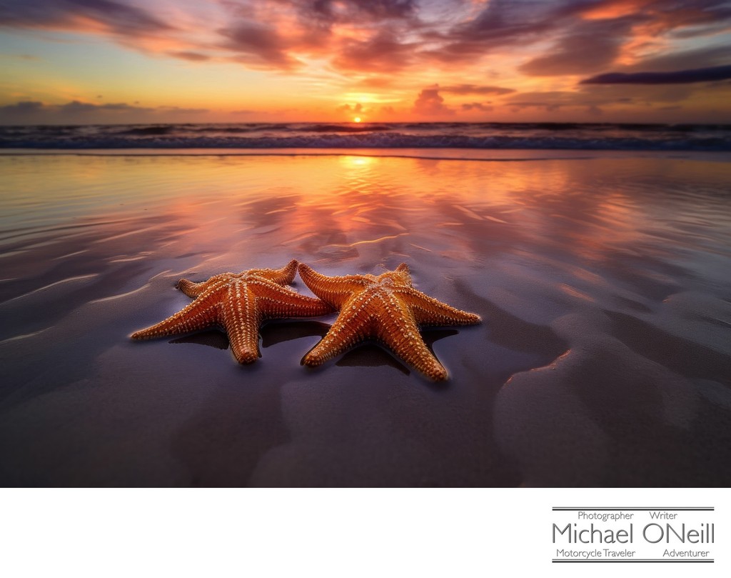 A Pair Of Starfish Are Captured Enjoying The Sunset Through The Power Of AI Imaging Technology