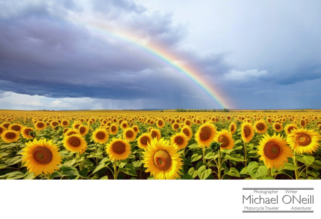 A Rainbow Forms Over A Field Of Beautiful Sunflowers