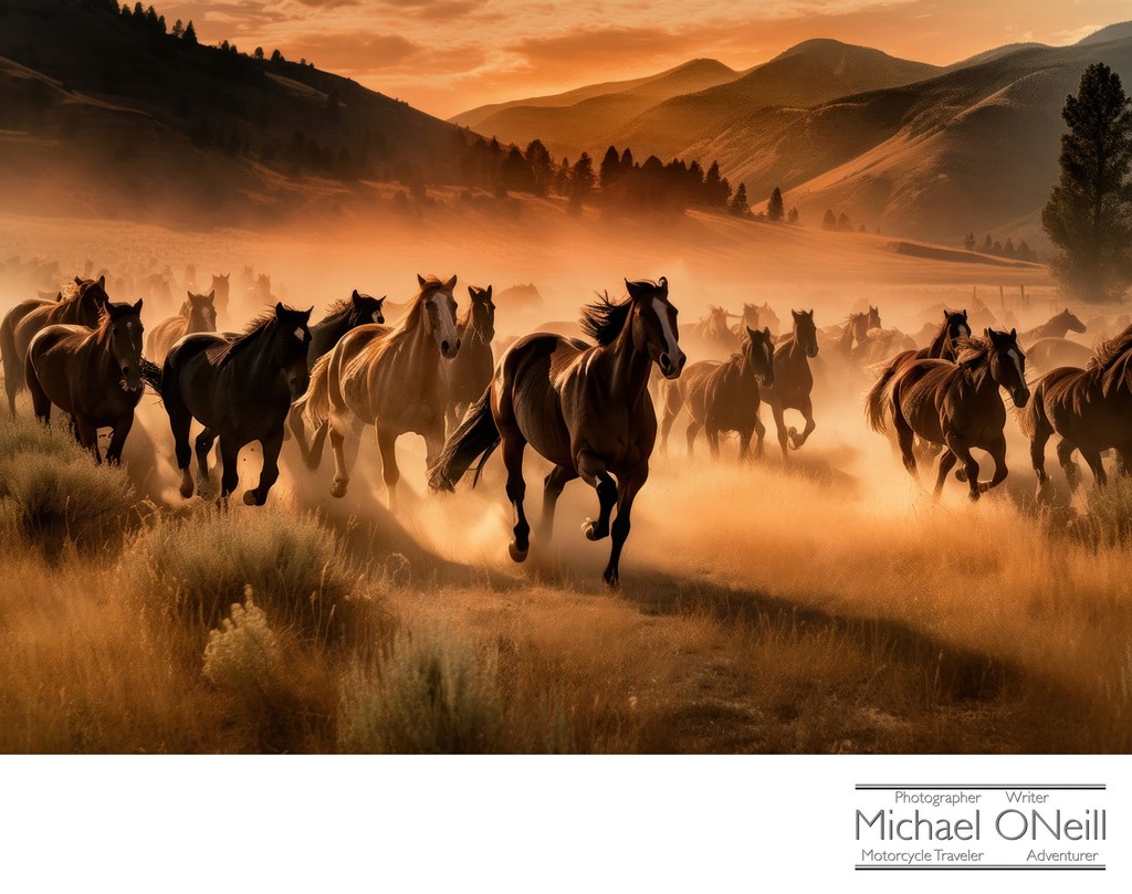 Wild Horses Charge Through A Valley In The Mountains Of Montana