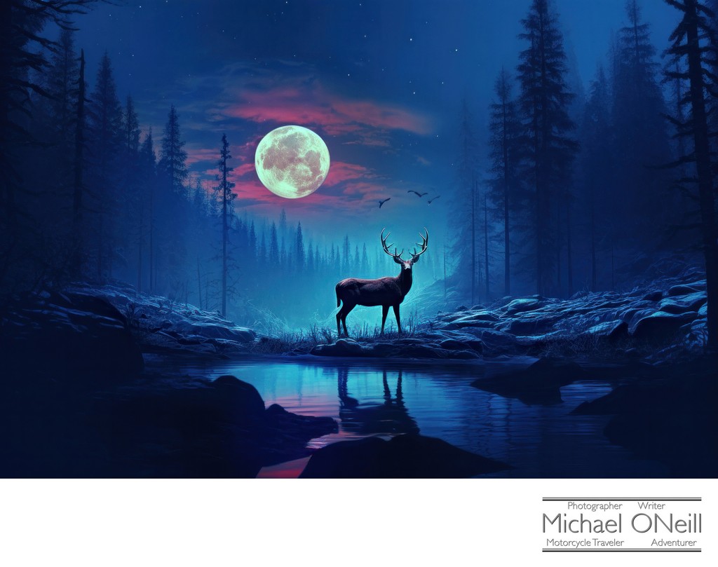 A Lone Buck Stands Under The Full Moon In The Northern Woods