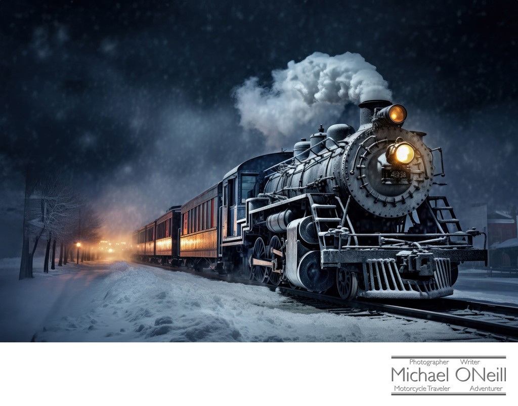 Vintage Steam Locomotive Approaches The Station On A Frigid Winter Night