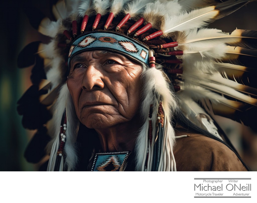 Close Up Portrait Of Respected Indian Chief In Full Headress
