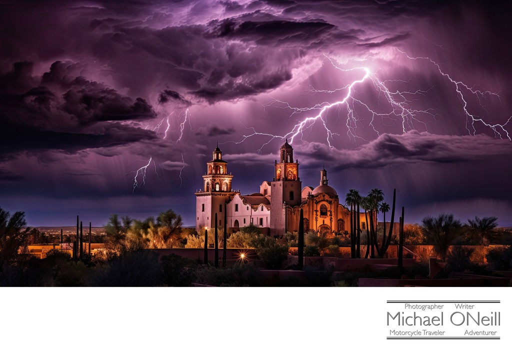 Computer Rendering of Mission San Xavier del Bac During an Intense Desert Monsoon