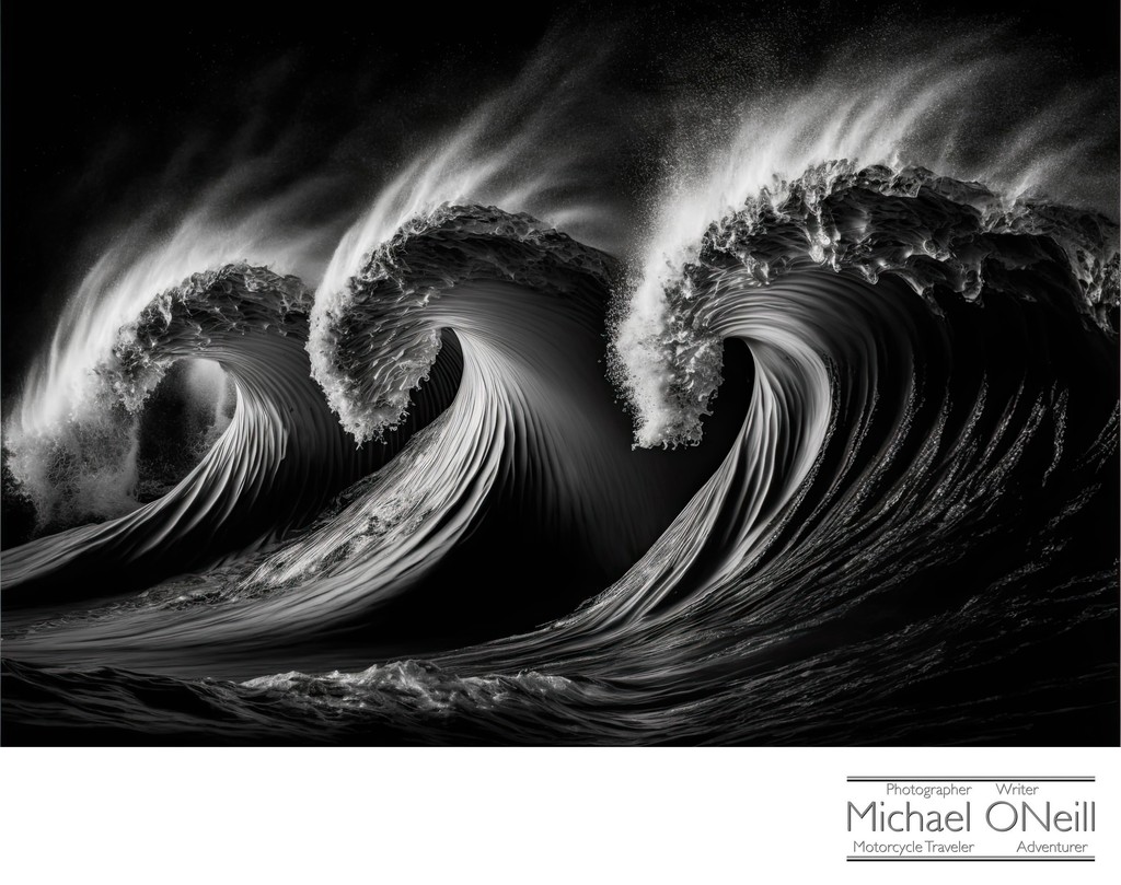 Three Tremendous Adjacent Waves Crashing Towards The Beach • Black & White Image