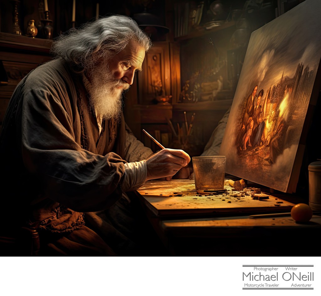 Vintage Image Of An Old Master Painter At Work On His Canvas