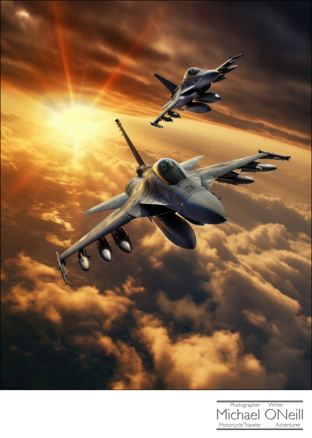 AI Rendering Of Two F-16 Fighter Jets Above The Clouds At Sunrise