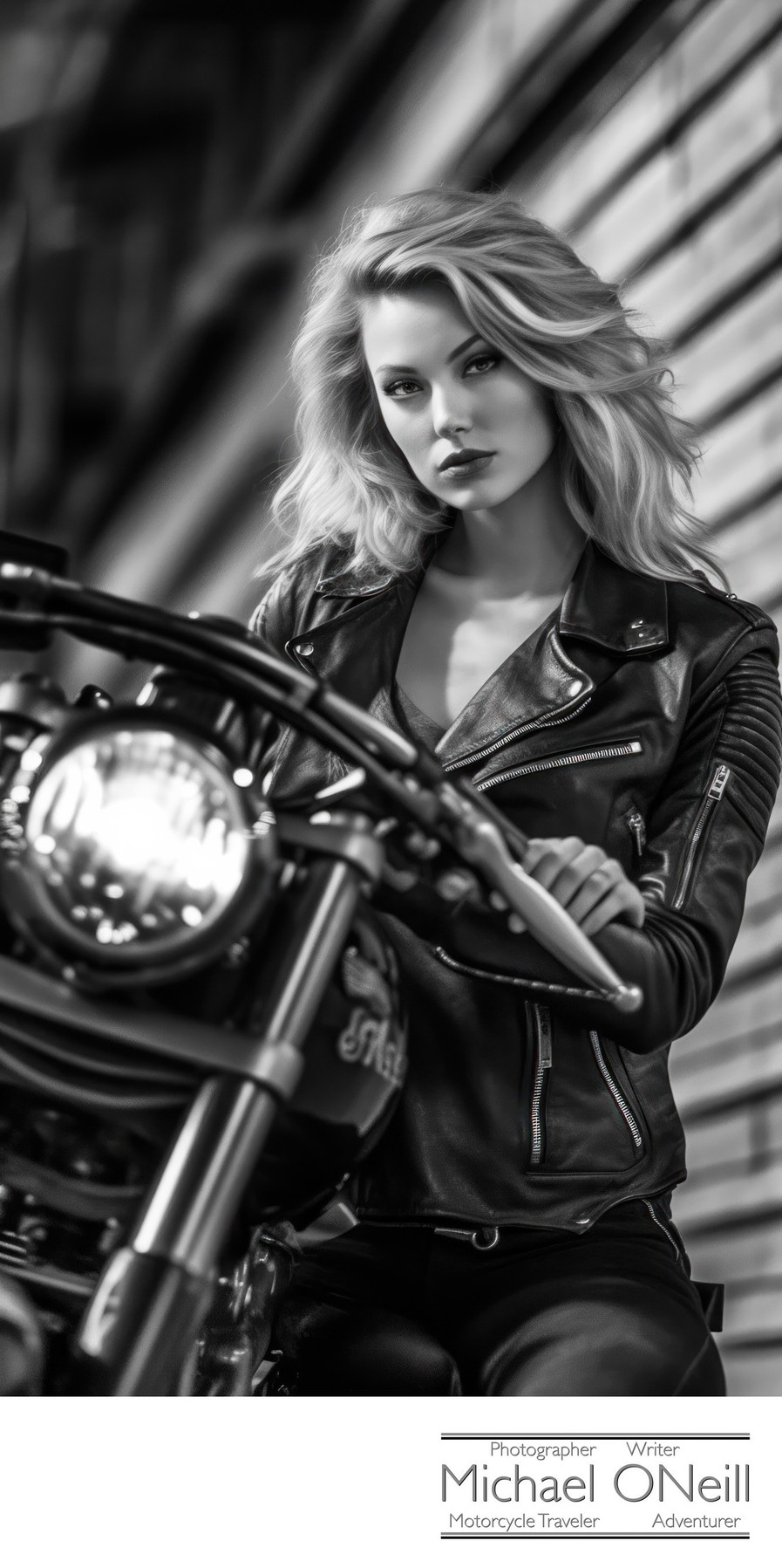 Black & White Fashion Image Of Female Biker In Leather Jacket
