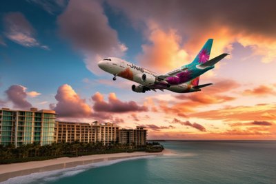 Commercial Airline Takes Off Over Tropical Hotel Paradise