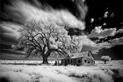 Computer Generated B&W Infrared Image Of A Shack And Oak Tree On The Prairie