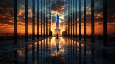 Dramatic Sunset Of New York City's Freedom Tower Surrounded By Glass Walls