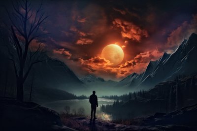 Digital Composite Image Of A Man Deep In Thought Under The Full Moon