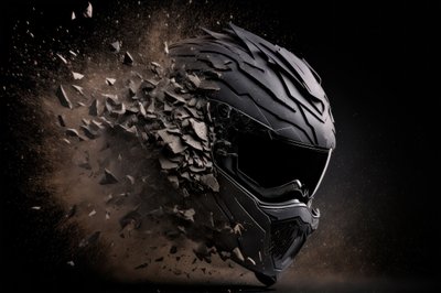 Computer Generated Special Effects Image Of A Racing Safety Helmet Shattering Into Pieces