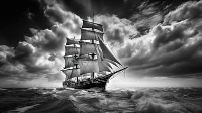 Black & White Composite Image Of A Vintage Sailing Schooner In Heavy Seas On A Stormy Day