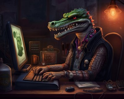 Keyboard Warrior • Anthropomorphic Illustration Of An Alligator Sitting At A computer Terminal