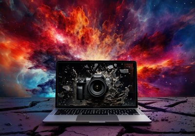 Digital Imaging Explosion • Composite Image Of Computer, Camera and Chaos