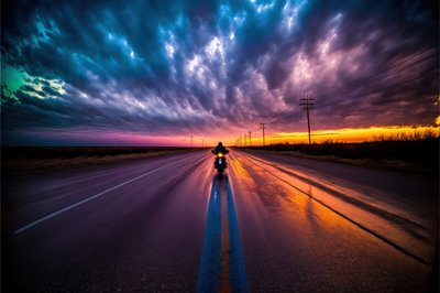 Computer-Generated Image Of A Lone Motorcyclist Traveling Down A Vanishing Point Road Towards A Spectacular Sunset
