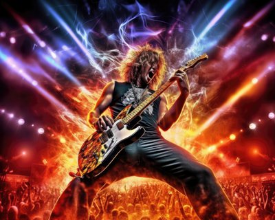 Digital Illustration Of A Heavy Metal Guitarist On Stage At An Amazing Arena Concert