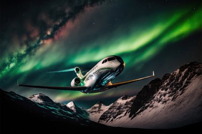 Night Flight • A Private Jet Flies Over Arctic Mountains During An Aurora Borealis (Northern Lights) Event