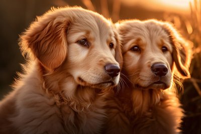A Pair Of Adorable Golden Retriever Puppies Enjoy The Warmth Of Sunrise