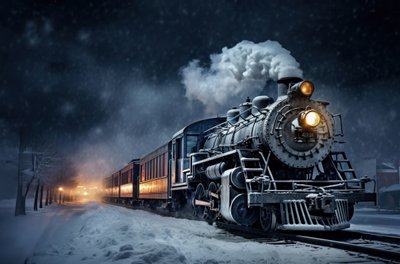 Vintage Steam Locomotive Approaches The Station On A Frigid Winter Night