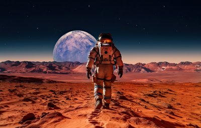 Astronaut Walks On The Surface of Mars as the Earth Rises Over the Horizon