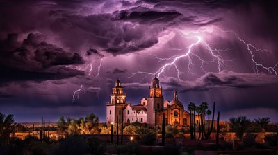 Computer Rendering of Mission San Xavier del Bac During an Intense Desert Monsoon