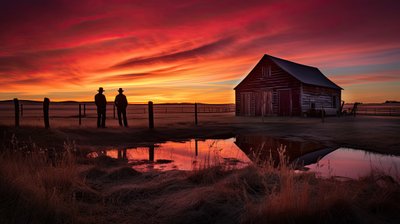 Cowboys Overlook The Ranch During A Beautiful Sunset