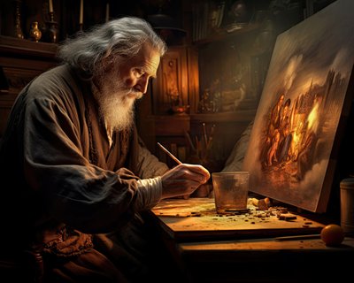 Vintage Image Of An Old Master Painter At Work On His Canvas