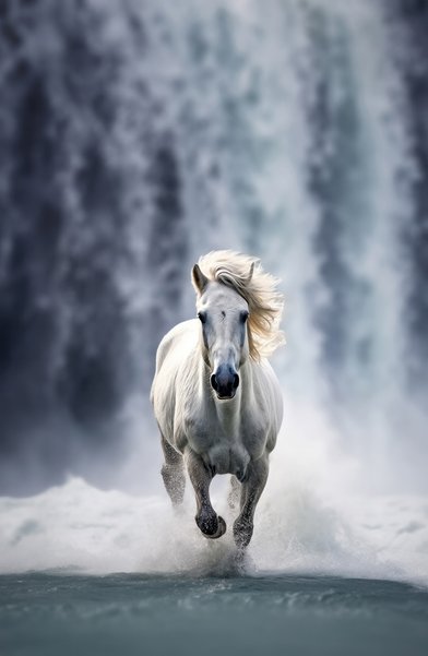 A Powerful White Wild Horse Charges Through Raging Waters Towards Camera