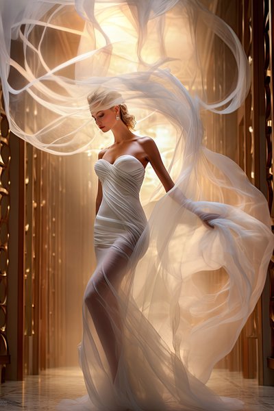 High Fashion Elegant Glamour Bridal Portrait With Swirling Sheer Veil