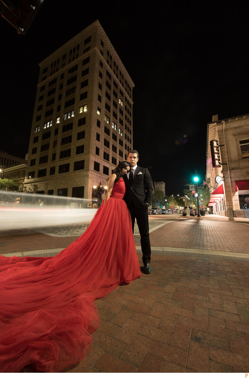 LONG RED PRINCESS DRESS FOR ENGAGEMENT PHOTOS IN JACKSONVILLE
