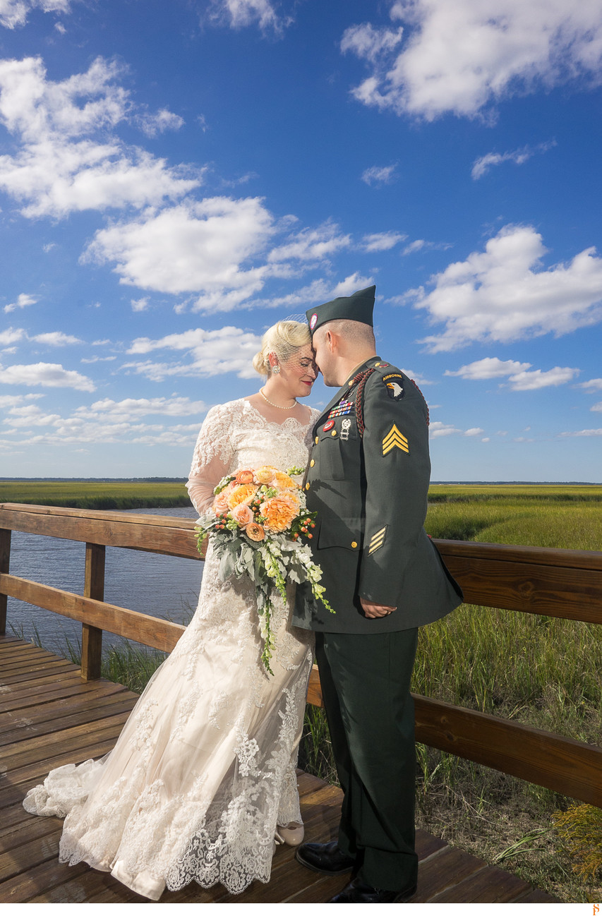 1940 theme wedding by the river with gorgeous blue sky