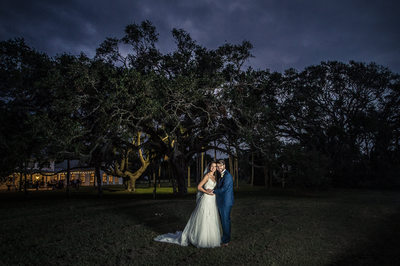Night picture of bride and groom at the Ribault Club in Fort George
