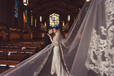 Bride with her cathedral veil - Church of Our Saviour