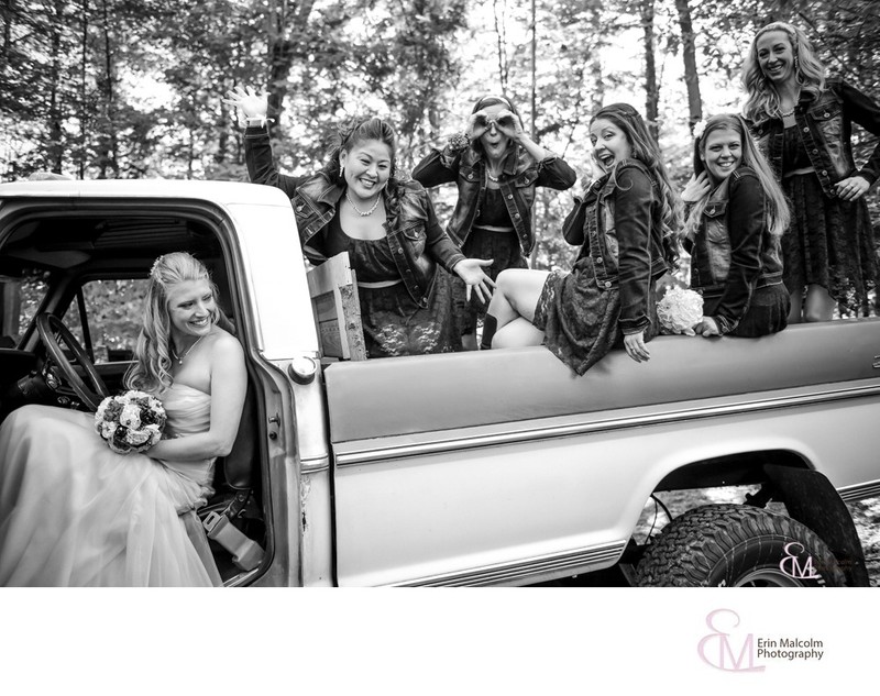 Camp Brookledge, Bride w/Bridesmaids in Vintage Truck