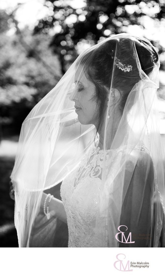 B/W bridal portrait with veil Clifton Park wedding photog
