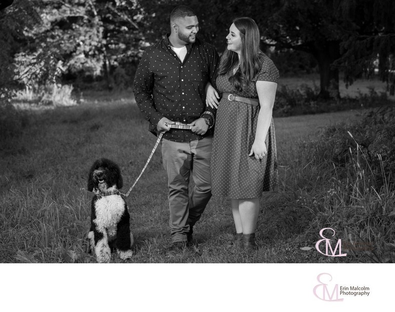 B/W engagement photo with dog, Rexford NY