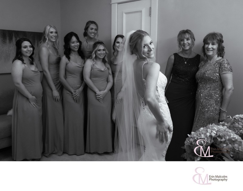 B/W bride 1st Look with girls, mothers, Erin Malcolm 