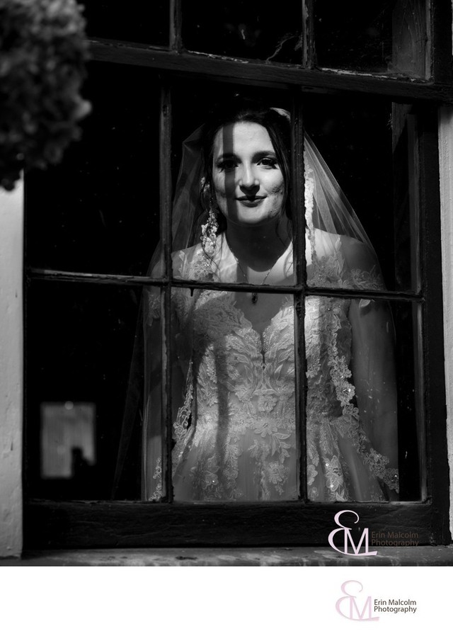 B/W bridal portrait, 1st Look anticipation, Erin Malcolm