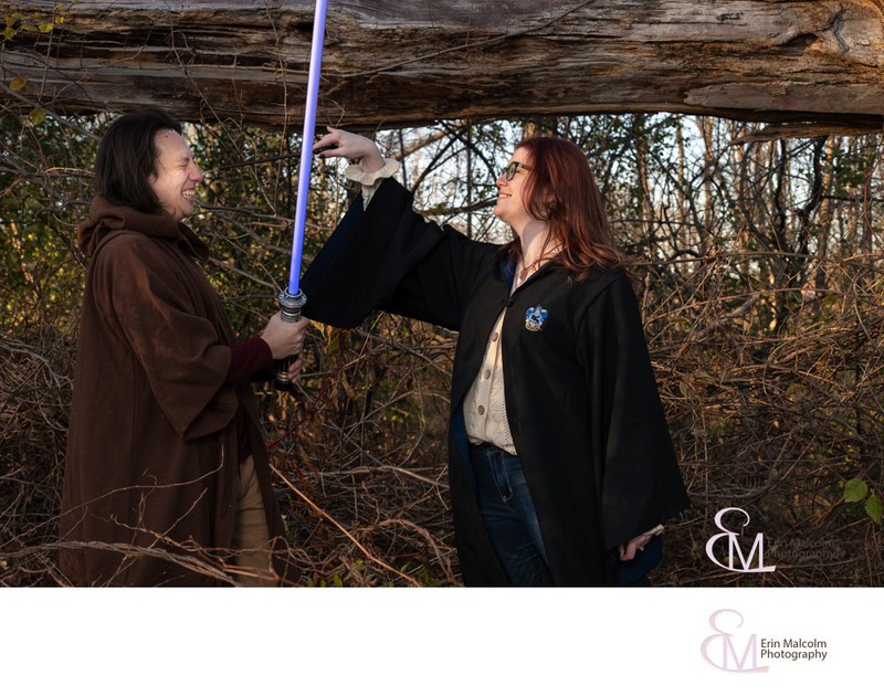 Playful engagement session, Jedi and Harry Potter robes