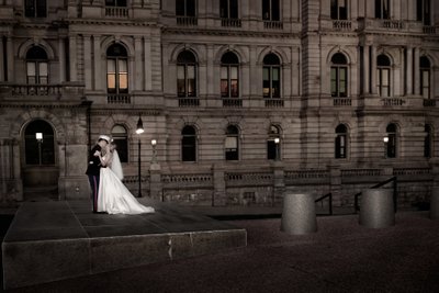 Dramatic couples portrait, Capitol Building, Albany, NY