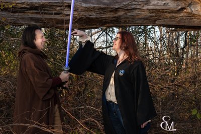 Playful engagement session, Jedi and Harry Potter robes
