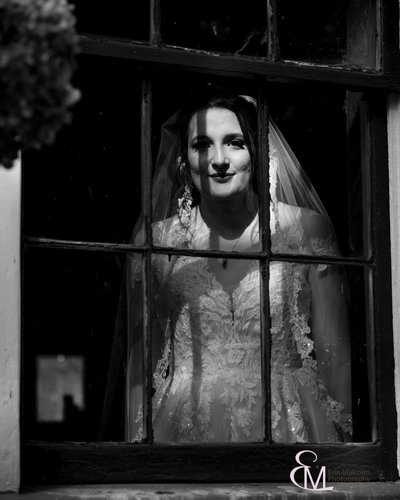 B/W bridal portrait, 1st Look anticipation, Erin Malcolm