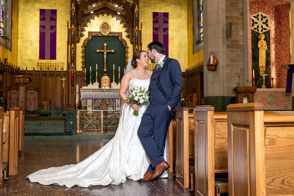 Stunning bride and groom church portrait