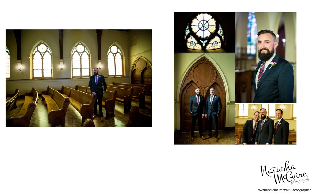 Groom solo photos and with his groomsmen before ceremony at church wedding
